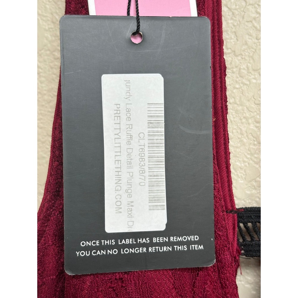 NWT PrettyLittleThing Burgundy Lace Ruffle Detail Plunge Maxi Dress Size 8 - Picture 8 of 11